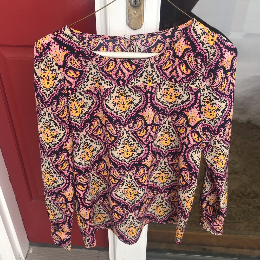 J. Crew Pink, Yellow and Black Paisley Long-Sleeve Blouse
